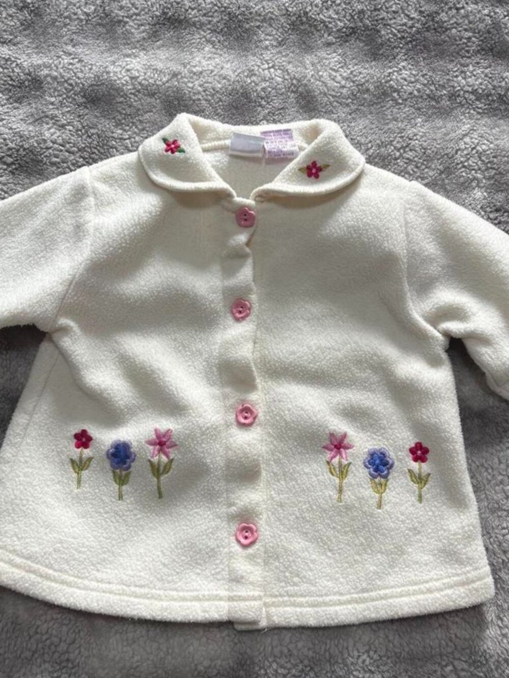 Cream Fleece Baby Girl Jacket Floral Embroidery Peter Pan Collar